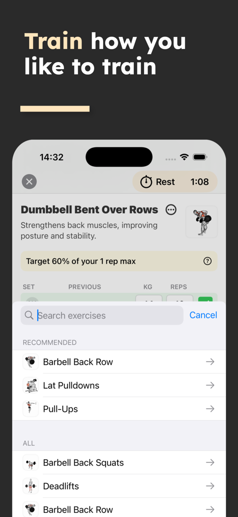 Strength Workouts - Training - Interface of the Strength Workouts app showing an exercise search screen with a list of weightlifting movements