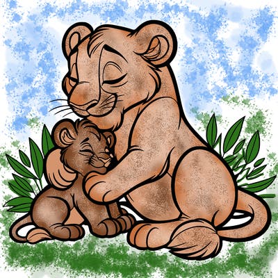 lioness cuddling her cub