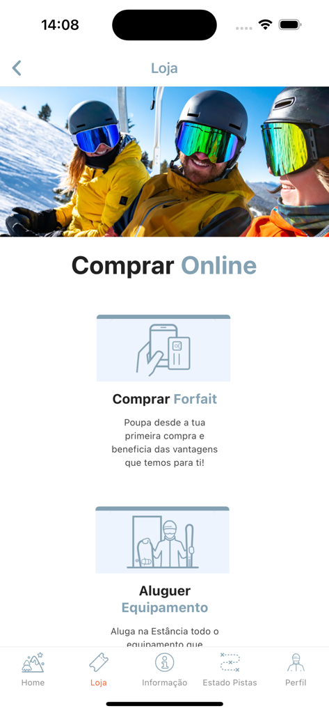 Interface de magasin en ligne pour acheter des forfaits de ski et louer du matériel dans l'application Ski Serra da Estrela.
