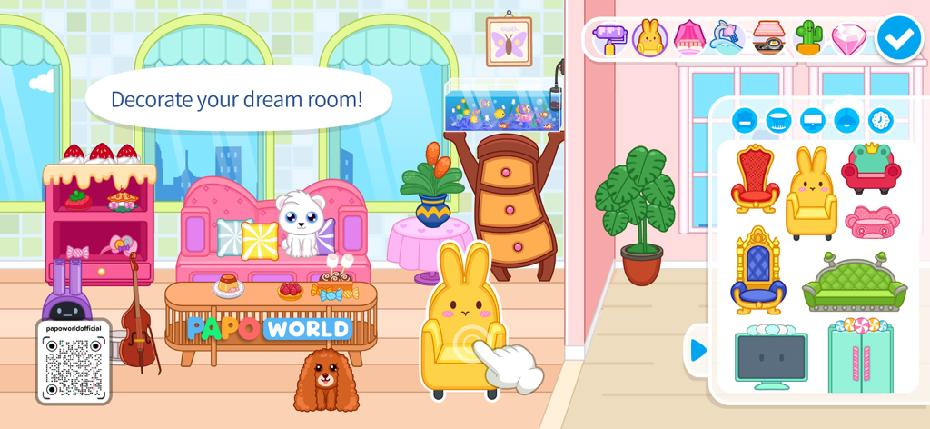 Papo Town: World - A room decoration screen in Papo Town World showing a customizable room with furniture options and cute animal characters.