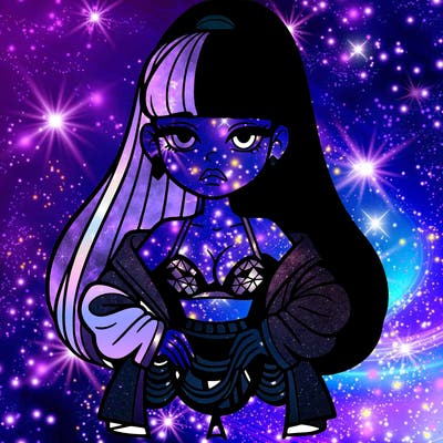 female popstar with an unimpressed face, with along ponytail with two colors and bangs, and wears a jacket with diamonds, black bra top and a long skirt over a short skirt