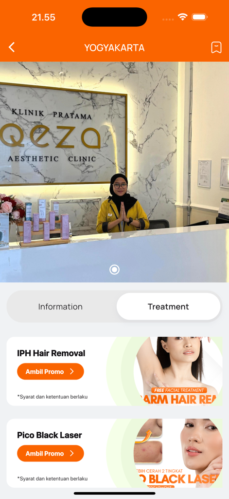 Qeza Care - Pantalla de la aplicación Qeza Care que muestra opciones de tratamientos estéticos y ofertas especiales en la sucursal de la clínica de Yogyakarta