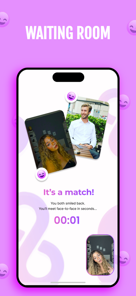 Eight: Smile, Video & Date - Screenshot of the Eight dating app waiting room showing a mutual match and a one-second countdown to a live video call.