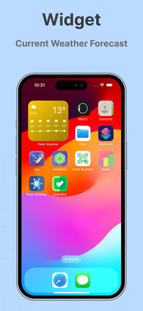 Peek Weather - Rain Forecast - 현재 날씨와 시간별 예보를 보여주는 iPhone 홈 화면의 Peek Weather 앱 위젯