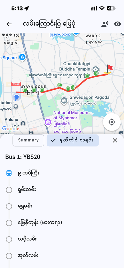 YBS App (DD BitePu) - ヤンゴンの地図上に赤いバス路線が表示され、ビルマ文字の停留所リストが表示されたYBSアプリのインターフェース