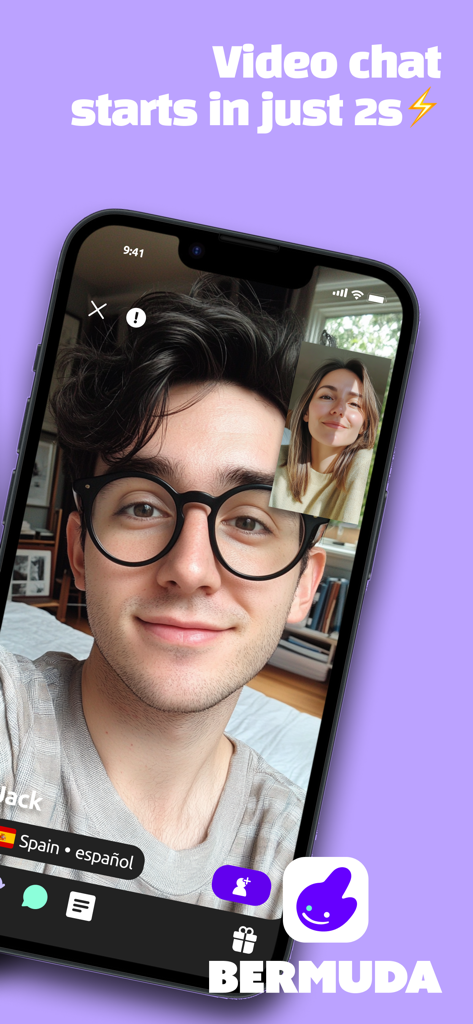 Un joven con gafas durante una videollamada en vivo 1 a 1 en la interfaz de la aplicación Bermuda