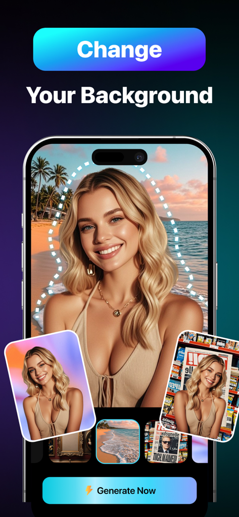 Una pantalla móvil que muestra la función de reemplazo de fondo de Artifex AI con el retrato de una mujer contra fondos de playa y de revista