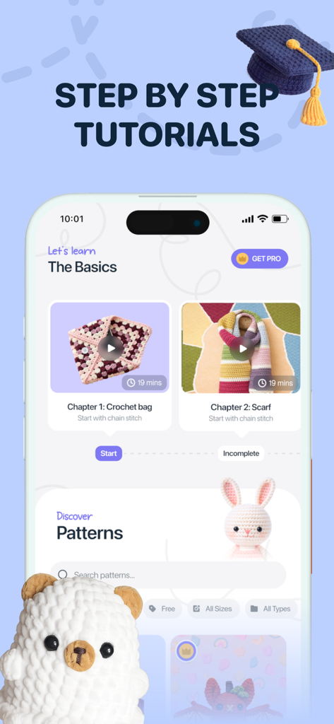 CraftBook: Crochet Made Easy - Pantalla de smartphone de la aplicación CraftBook mostrando tutoriales de crochet paso a paso y una biblioteca de patrones.