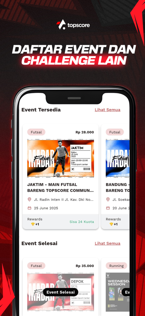 Topscore - Interfaz de la aplicación móvil Topscore mostrando eventos de futsal disponibles y desafíos comunitarios.