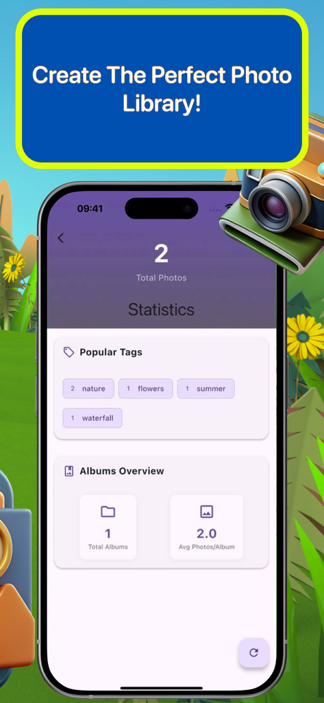 Mlyk:PhotoSorter - Mlyk PhotoSorter app dashboard showing photo library statistics with popular tags and album overview.