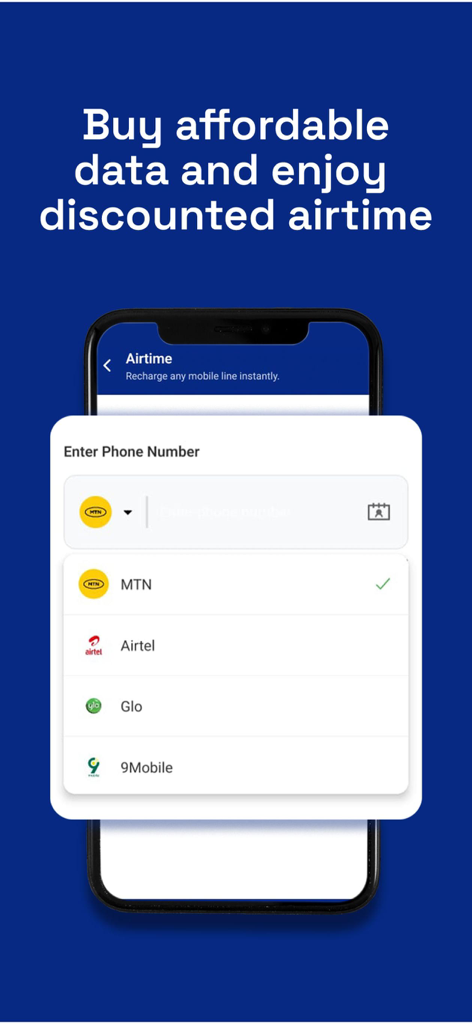 Bankit - Send Money Fast - Bankit app interface for buying mobile airtime and data with options for different network providers.