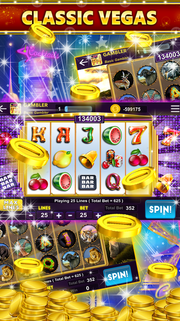 Lucky Seven Free Casino Slots - Classic Las Vegas style slot machine with fruit reels and falling gold coins