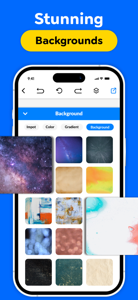 Uma tela de aplicativo móvel mostrando uma variedade de opções de fundo impressionantes para design de logo, incluindo padrões de galáxia e arte abstrata.