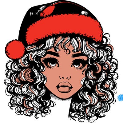 realistic girl with a santa hat curly hair and lips