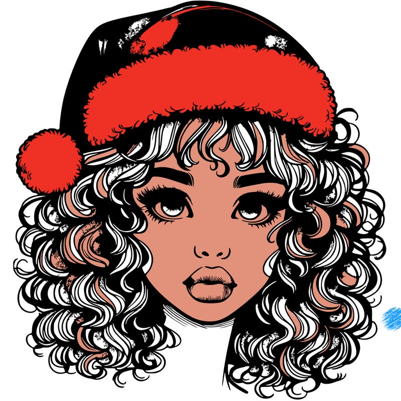 realistic girl with a santa hat curly hair and lips