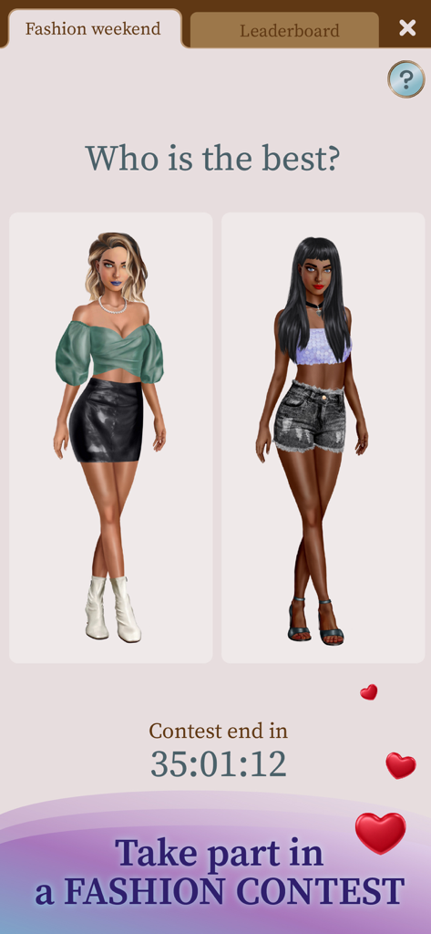 Fashion Girls Dress Up Game - ファッションコンテストの投票画面で、スタイリッシュなアバターが2体並んでいる