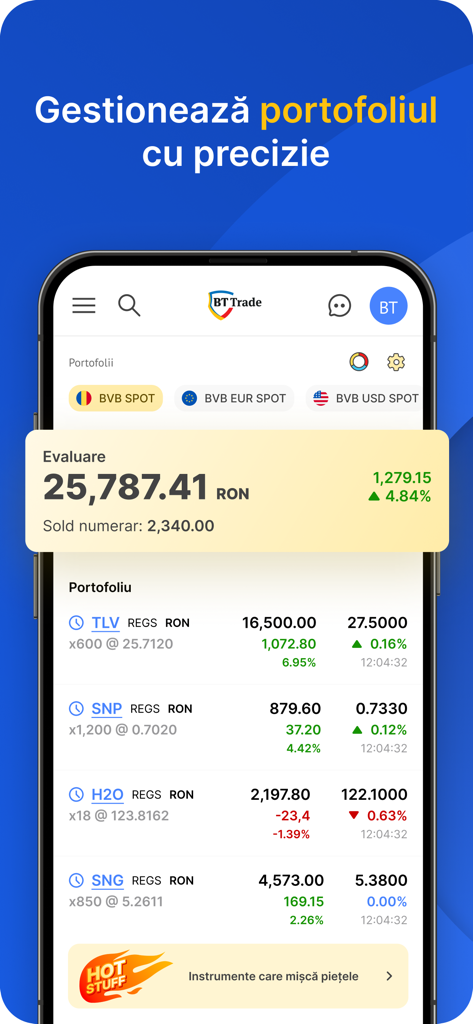 BT Trade - A smartphone screen displaying the BT Trade app portfolio dashboard with real-time stock values and account balances