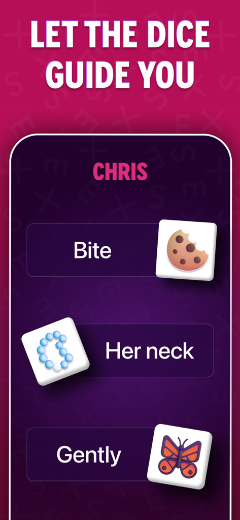 Couples games: Sex Roulette - Una captura de pantalla de la aplicación Ruleta Sexual que presenta propuestas de dados de intimidad aleatorios para parejas.