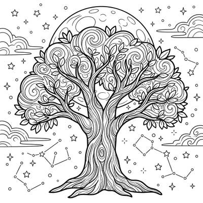 Unleash your creativity with this mesmerizing dot work tree coloring page set against a mystical night sky. Explore intricate patterns and celestial elements as you bring this tranquil scene to life.