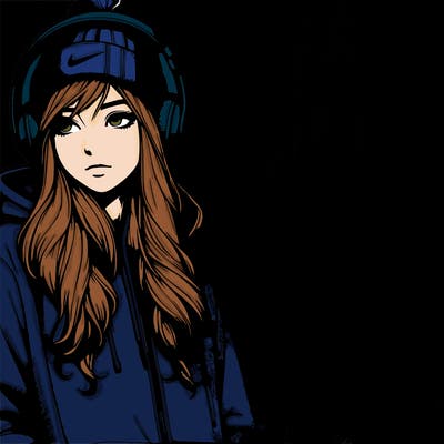 realistic girl wearing headphones, a hoodie, a beanie, and nikes