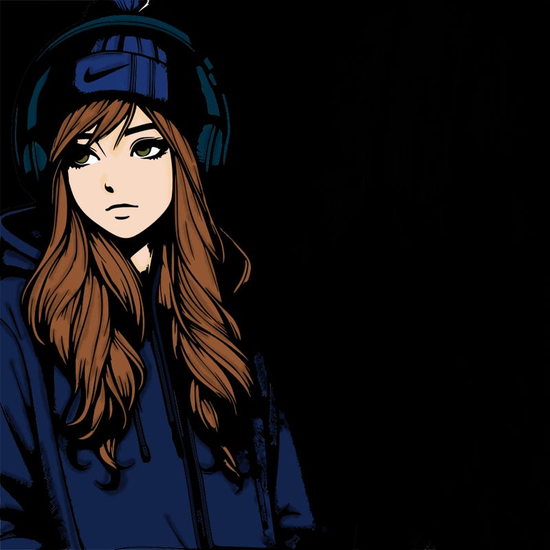 realistic girl wearing headphones, a hoodie, a beanie, and nikes