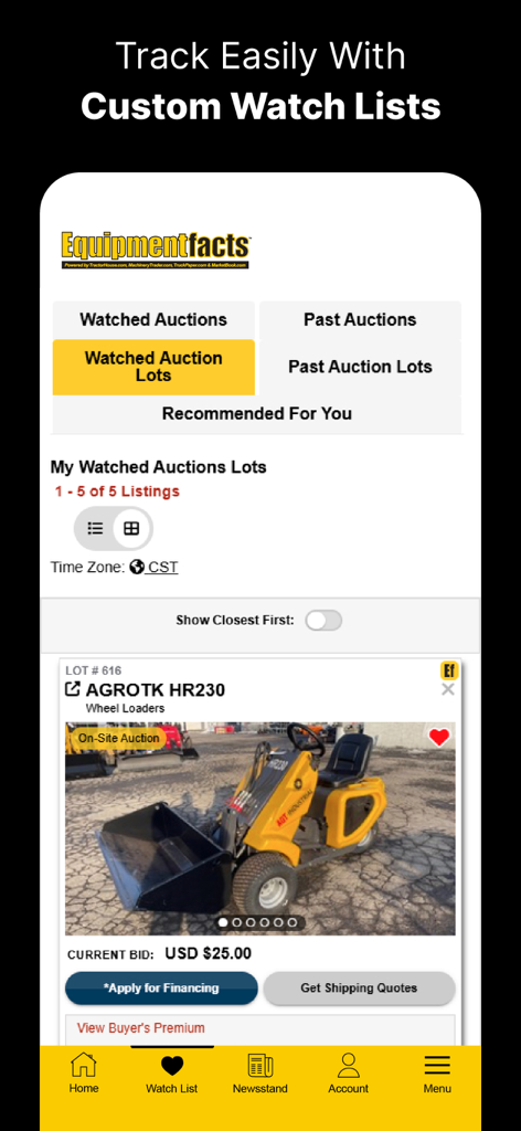 Equipmentfacts Live Auctions - Pantalla de la aplicación Equipmentfacts mostrando una lista de seguimiento personalizada con un listado de cargador de ruedas