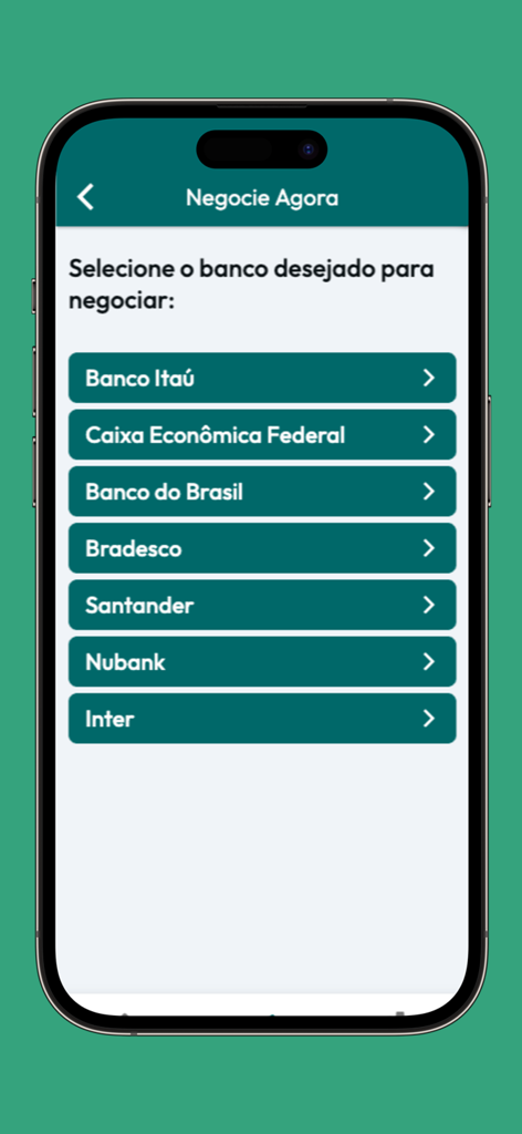 Desenrola Brasil Limpa Nome - Mobile screen of the Desenrola Brasil app showing a list of Brazilian banks available for debt negotiation.
