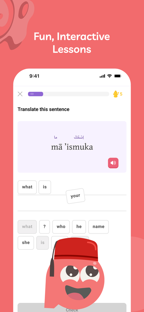 Interactive Arabic translation lesson on the Aralects app featuring phonetic transliteration and word tiles.