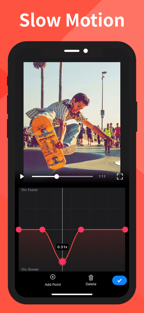 Slow-Fast Motion Video Editor - Interface of the Slow-Fast Motion Video Editor app showing a speed ramping curve being adjusted on a skateboarding video clip.