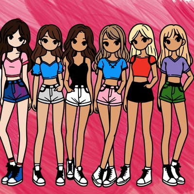 a group of girls wearing crop tops and shorts