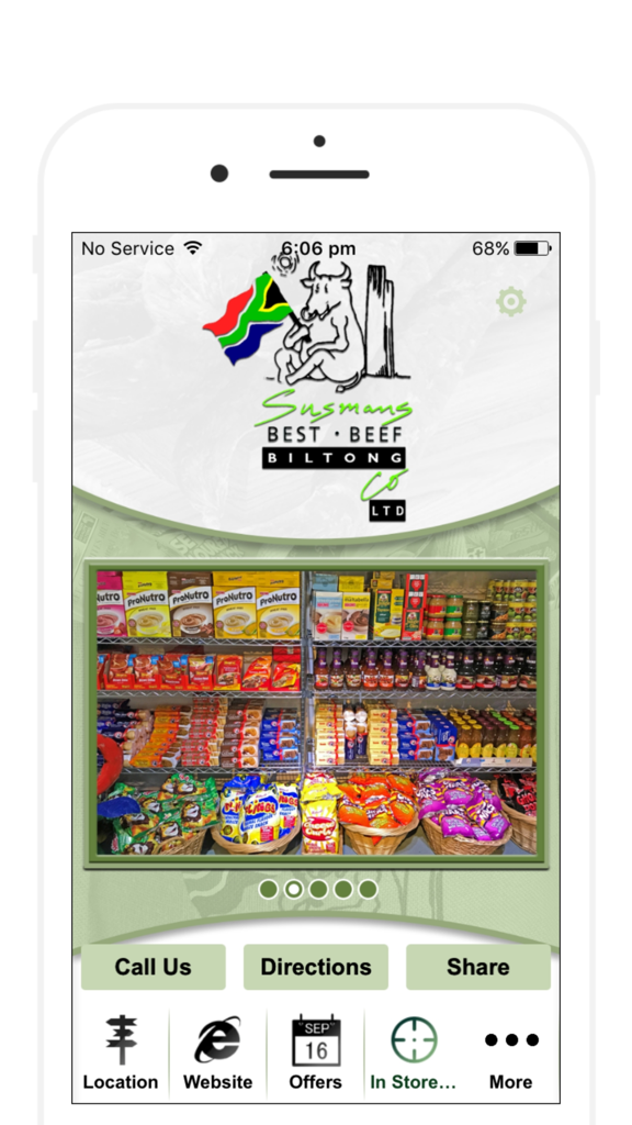 Biltong - Home screen of Susmans Best Beef Biltong app with South African food products on display