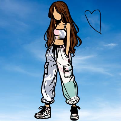 girl in baggy pants crop top and long hair