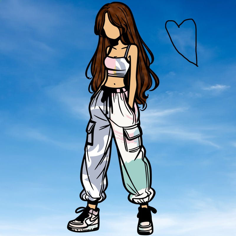 girl in baggy pants crop top and long hair