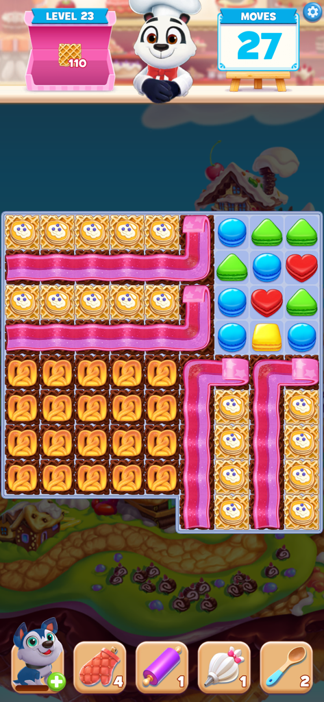 Jogabilidade do Cookie Jam mostrando um tabuleiro de quebra-cabeça match 3 com o Chef Panda e vários doces.