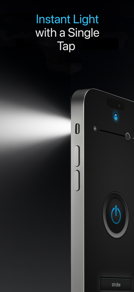 Flashlight ◊ - Interfaz de la aplicación Linterna en un smartphone que muestra un haz de luz instantáneo y un botón de encendido.