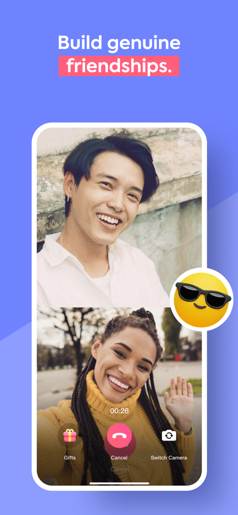 Mobile app screen showing a video chat between two smiling young people with the headline Build genuine friendships