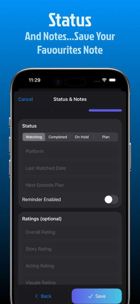 Interface of StarTV app showing watch status tracking and show ratings options