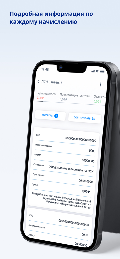 Interface showing detailed tax assessments and payment deadlines for individual entrepreneurs in the FNS mobile application.