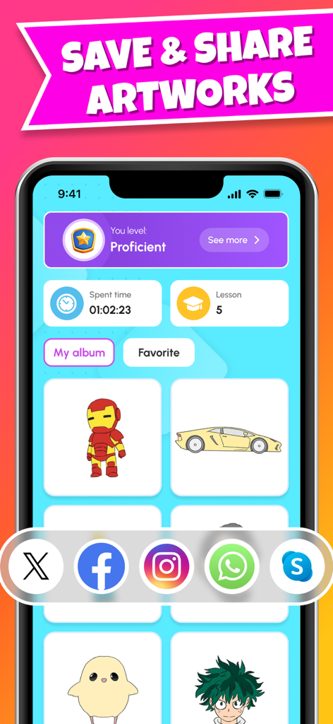 TraceArt: Learn How To Draw - Perfil de usuario en la aplicación TraceArt que muestra una galería de dibujos y opciones para compartir en redes sociales.