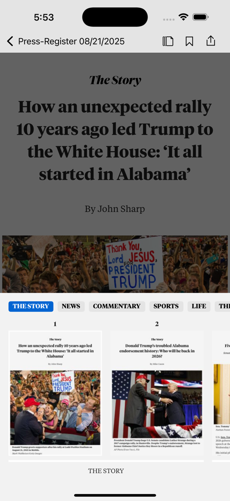 The Press-Register - Smartphone screen displaying a news article from The Press-Register app
