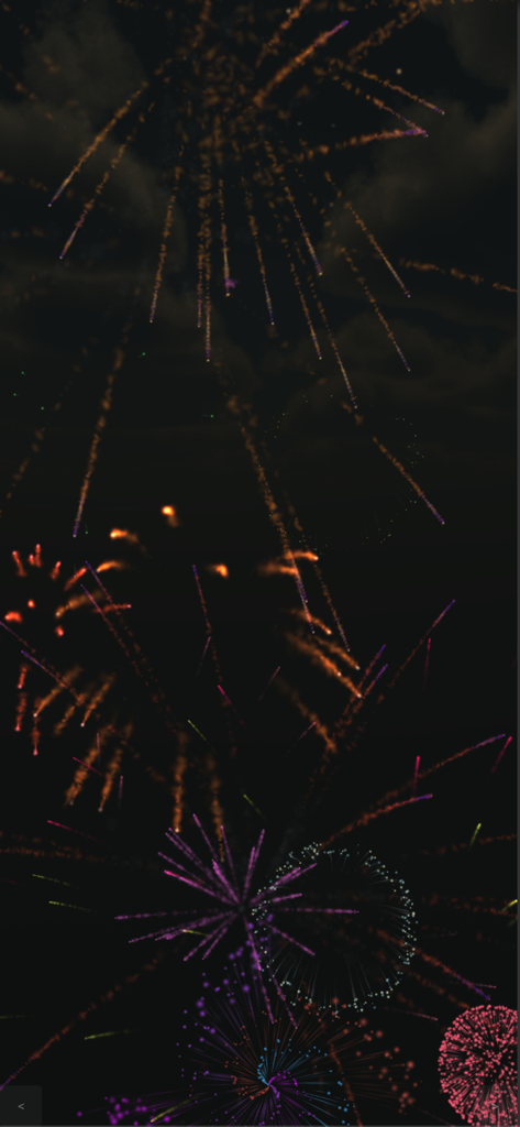 불꽃놀이 탭 앱에서 어두운 화면에 터지는 다채로운 불꽃놀이.