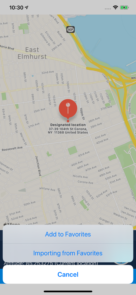 Map view in iLocation app with a pop-up menu showing options to add or import favorite locations.