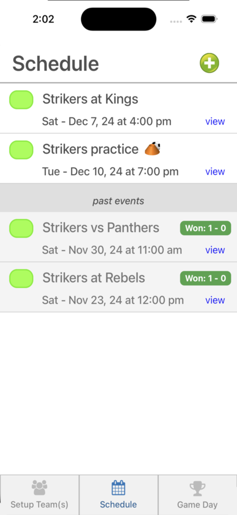 Who's On - Field Hockey - Pantalla de programación de la aplicación de hockey sobre césped Who's On que muestra los próximos partidos y los resultados de partidos anteriores.