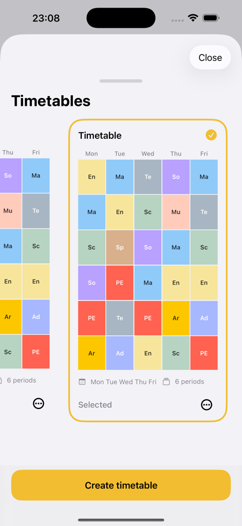 A list of color-coded weekly school timetables in the app showing subjects and periods