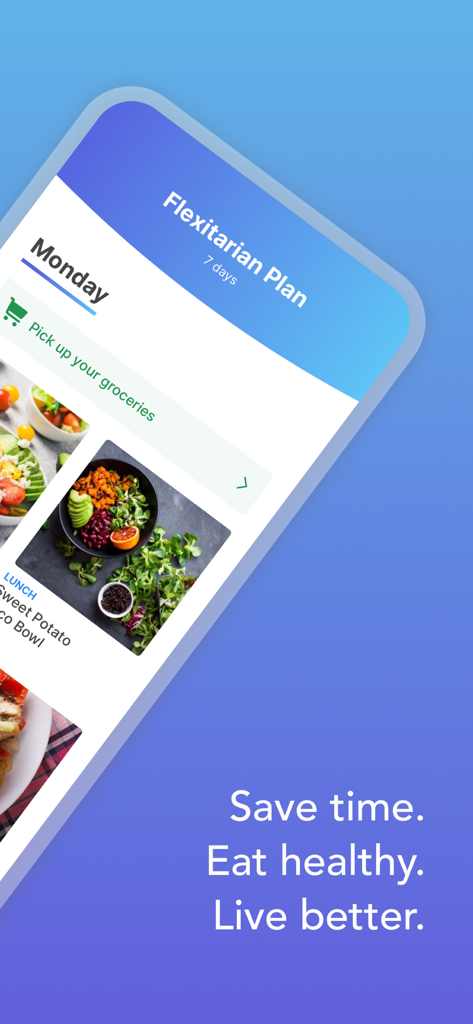 Intent Ernährungsplaner App zeigt einen wöchentlichen flexitarischen Plan und gesunde Mahlzeitenrezepte an
