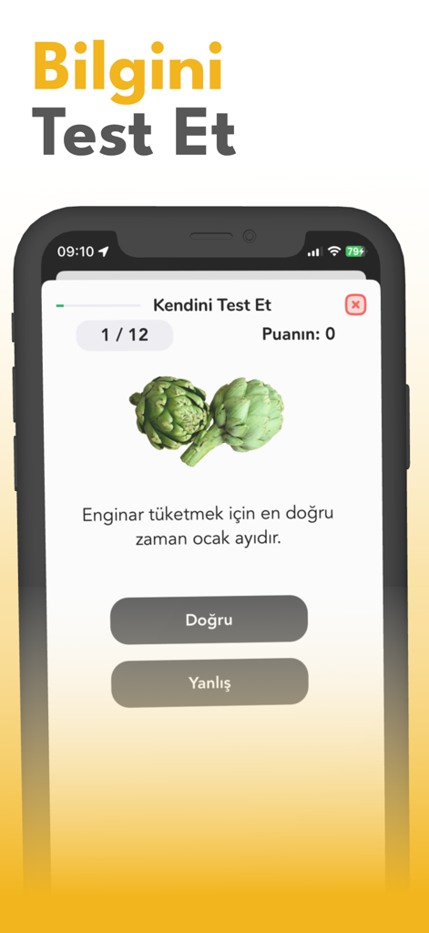 A mobile app screen showing a true or false quiz question about the best month to eat artichokes.