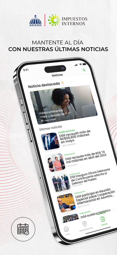 DGII Movilアプリのニュース画面。ドミニカ共和国からの最新の税務アップデートと出版物が表示されます。