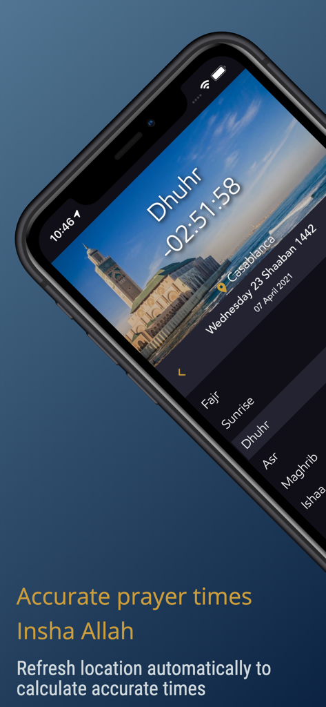 Salaat First - الصلاة أولا - Smartphone-Bildschirm mit der Salaat-First-App mit Gebetszeiten-Countdown und einer Liste der täglichen Gebete