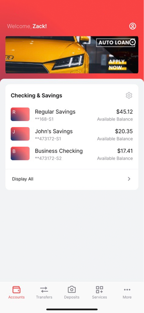 Dashboard of the Self Help Federal Credit Union app showing savings and checking account balances