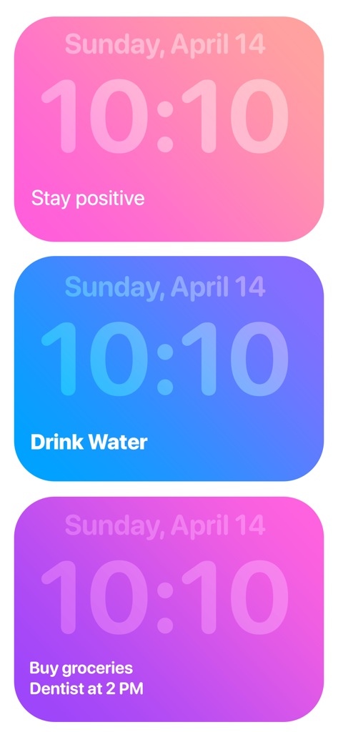 Lock Screen Note - Widget - Three iPhone lock screens with colorful gradients showing notes like Stay positive and Drink Water